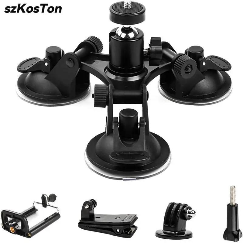Soporte de triple ventosa para DJI OSMO Action 5 4 3 GoPro 13 12 11 10 9 8 con adaptador de rosca estándar de 1/4" para Insta360 X5 X4 X3