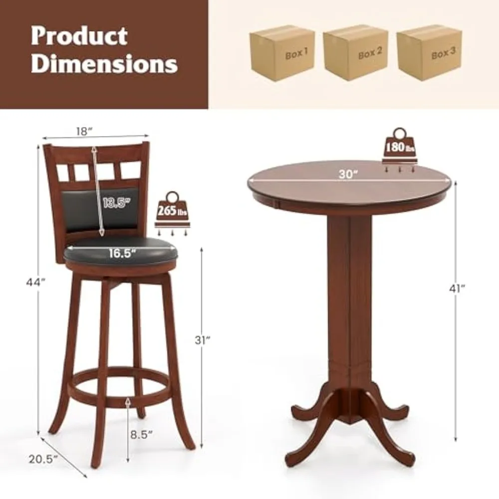 3 Piece Bar Table and Chairs Set, Round Counter Height Table, 2 Upholstered Swivel Bar Stools, Rubber Wood Frame, Farmhouse