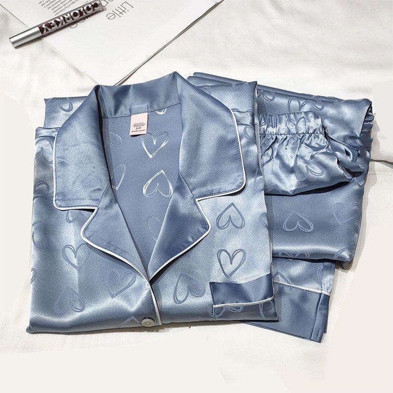 Mädchen-Pyjama aus Kunst-Eisseide, langärmliges Damen-Pyjama aus grüner Spitze mit Premium-Feeling, zweiteiliges Set süßer Loungewear, liebeblauer Stoff