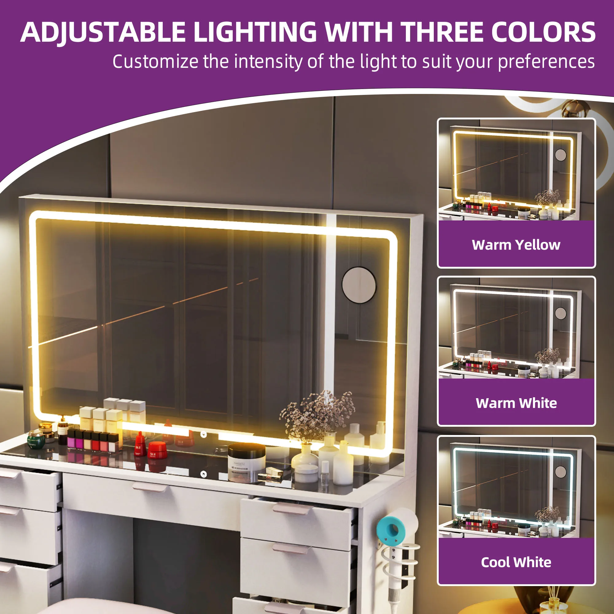 YITAHOME White Vanity Table - LED Light Dressing Desk with 11 Drawers, Glass Top & Mirror, Includes Stool