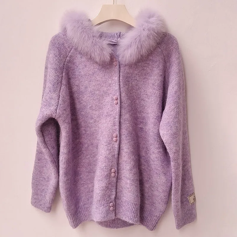 Feminino 2025 real pele de raposa com capuz guarnição cardigan com zíper moda manga longa camisola de malha curta com listra de pele real