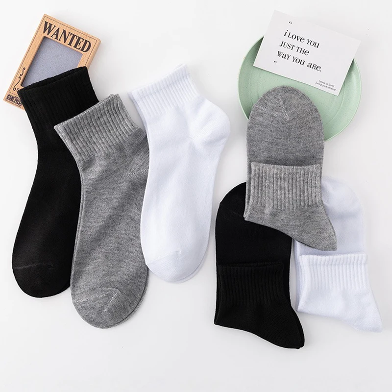 5 par/set de calcetines de Color sólido para hombre, calcetines de negocios blancos y negros, calcetines cortos deportivos transpirables informales de otoño para hombre