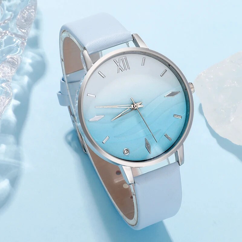 6 pçs conjunto moda feminina simples relógios de pulso azul strass relógio de quartzo pulseira de couro senhoras vestido pulseira relógio conjunto presentes