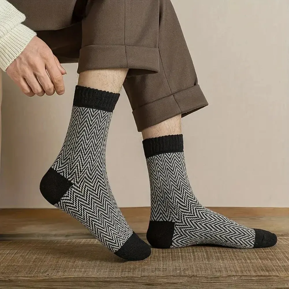 5 pares de calcetines de lana con diseño de almazuela a la moda para hombre, calcetines cálidos de invierno de longitud media, calcetines gruesos suaves resistentes al frío para botas para hombre