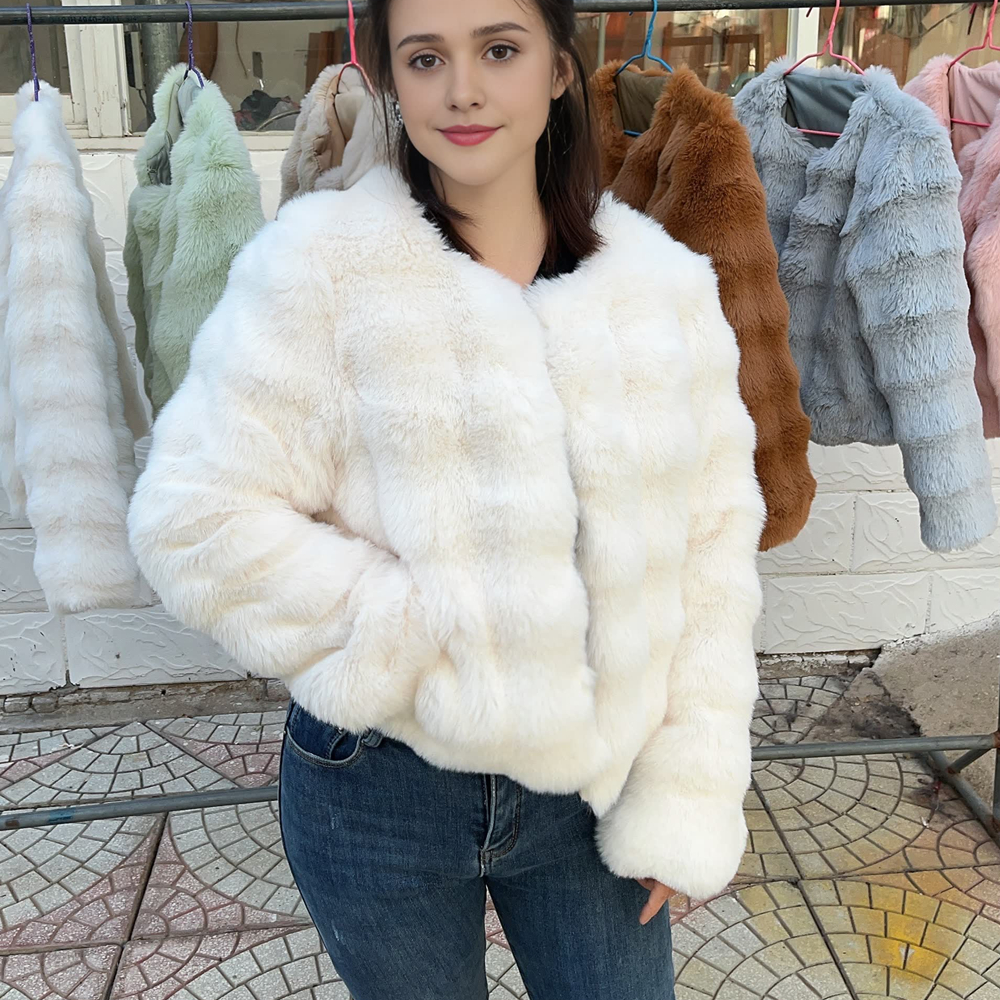 HOOOFUR-abrigo de piel sintética para mujer, nuevo estilo, Top corto de piel sintética de felpa sin cuello, Top corto, otoño e invierno, cálido y de tendencia 2024