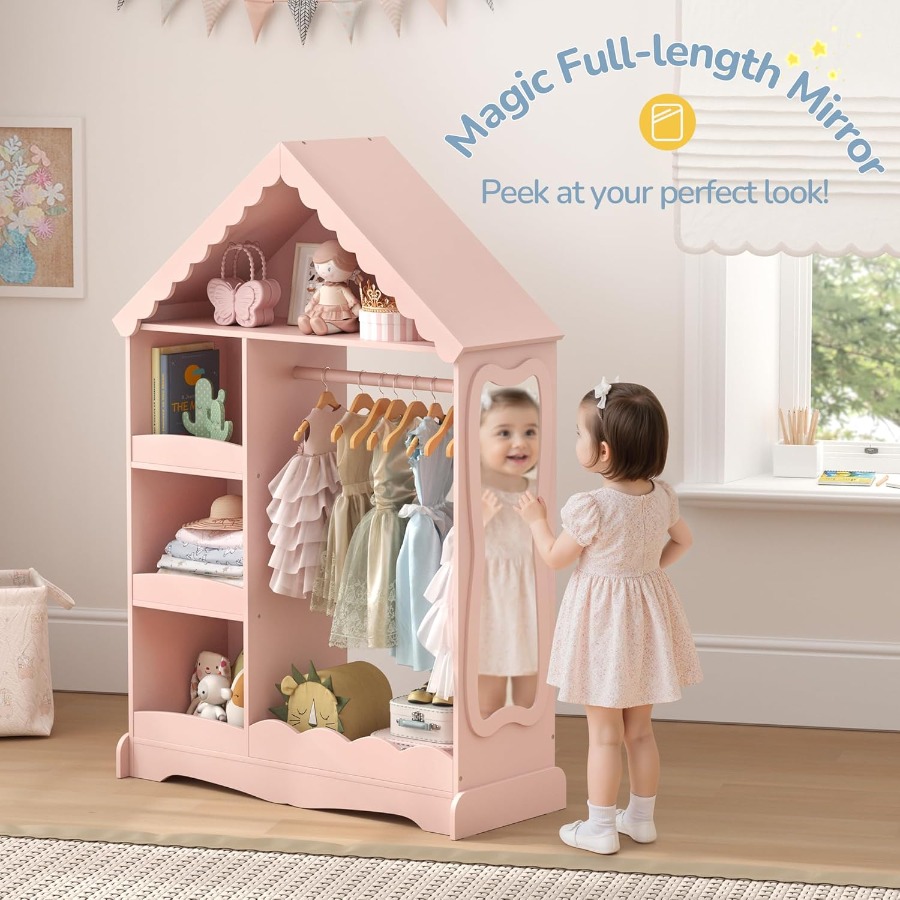 Pink Dollhouse Dress Up Storage with Full-Length Mirror and Motion Sensor Light Open Hanging Wardrobe Closet for Toddlers Costu