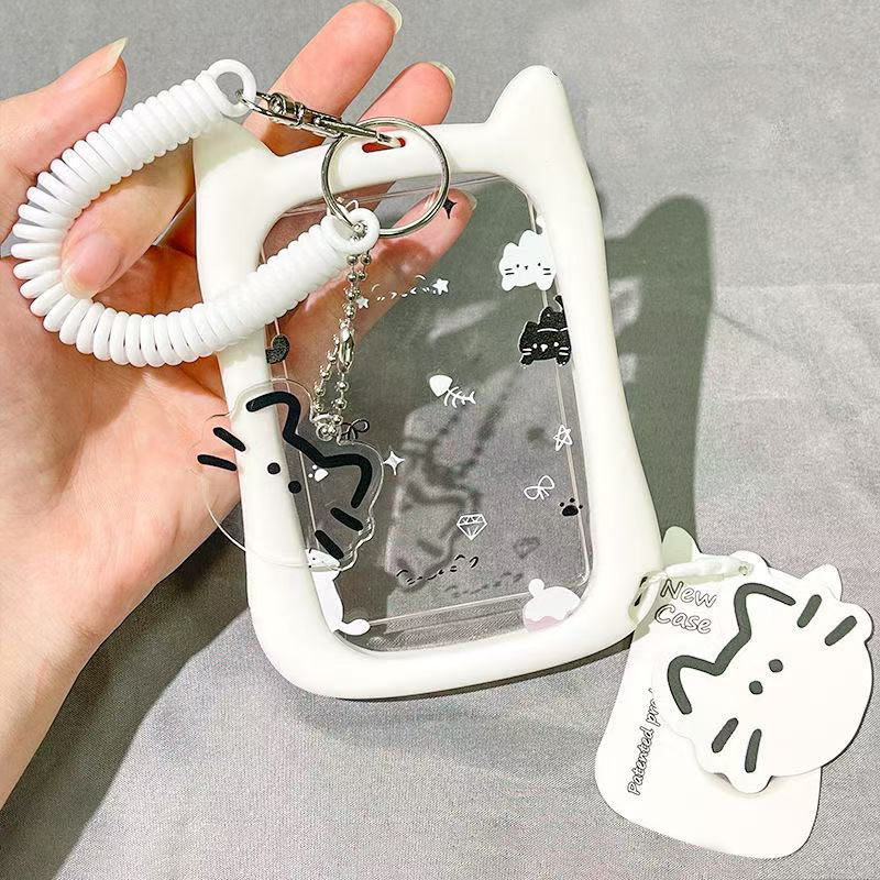 Porta-cartões de orelha de gato transparente, cartão de campus de estudante, cartão de refeição, ônibus, metrô, corda suspensa, capa de proteção de identificação de campus