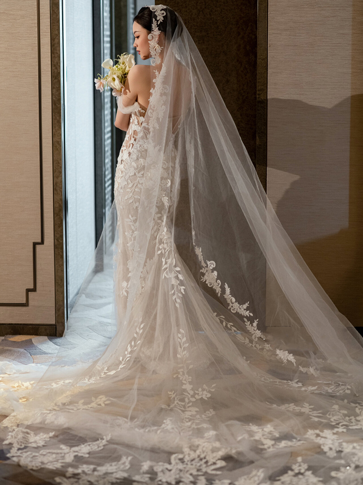 Voiles de mariage ivoire blanc long, long, cathédrale, patients, stock d'appliques, accessoires de mariage