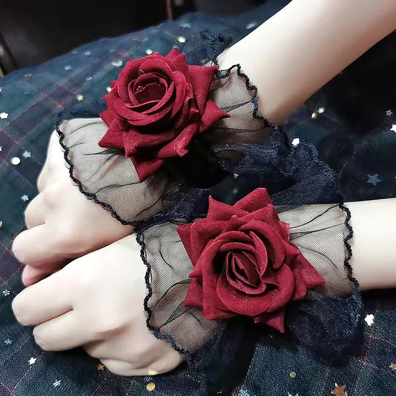Lolita Kurze Hand Ärmel Handschuhe Spitze Rose Blume Handgelenk Manschetten Rüschen Floral Elastische Armband Frauen Cosplay Kleidung Armband