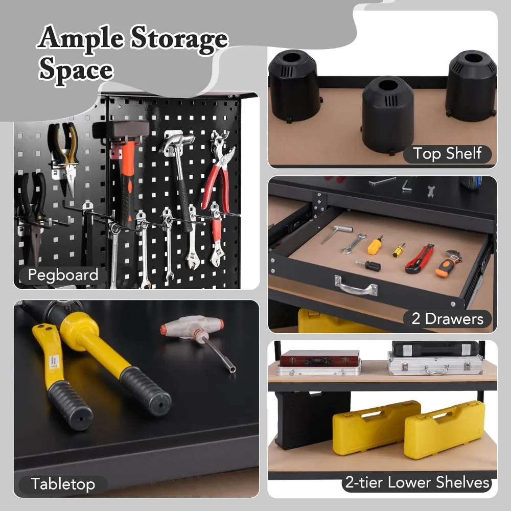 Workbench with Pegboards, with 4 Shelves Topping Space 2 Drawers 24 Hanging Accessories & Robust Metal Frame, Workbenches