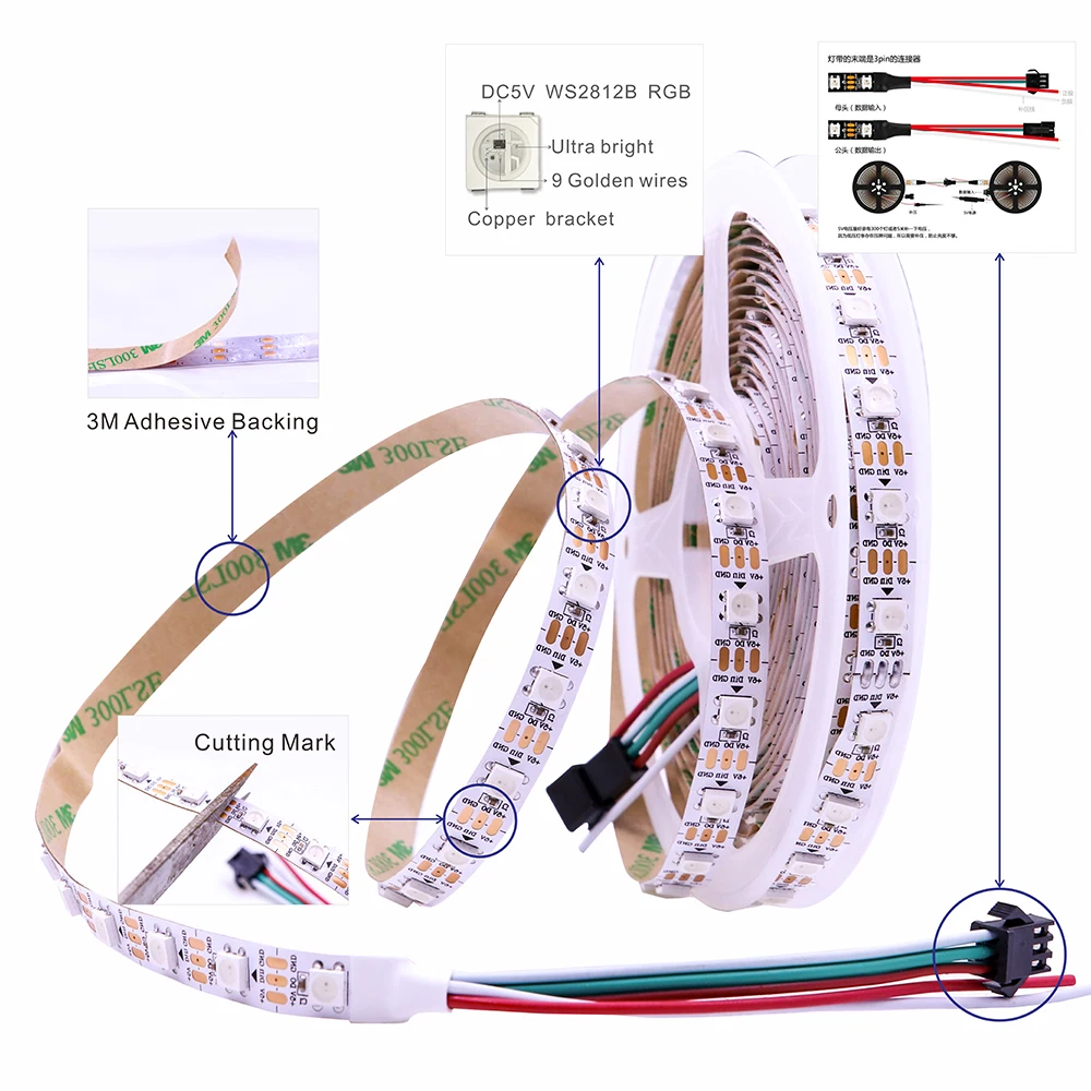 WS2812B Striscia Led 5v 30/60/74/96/144 Led Smart RGB Pixel Strip Nero/Bianco PCB IP30/65/67 WS2811 IC Ha Condotto La Luce 1m/2m/3m/4m/5m