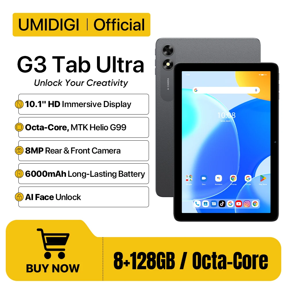 UMIDIGI-G3 Tab Ultra Gaming Tablets, Android 13, 10.1 "HD, MTK G99 Octa-Core, 8GB, 8GB, 128GB, 6000mAh Bateria, Android Dual SIM Card