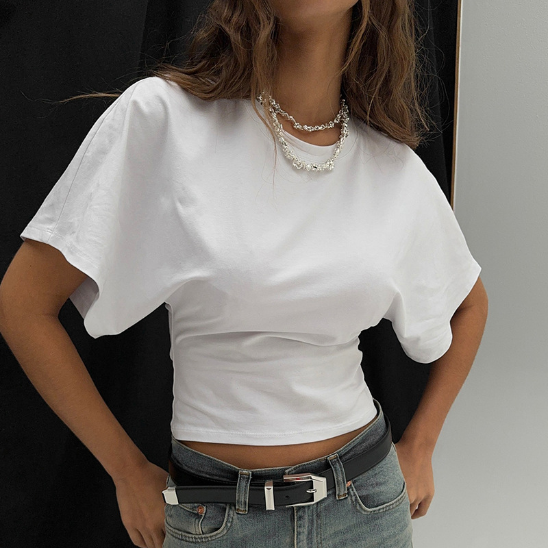 Women's New Arrival Solid Colour Pure Cotton Crew Neck Pullover Short-Sleeved Loose-Fit Waist-Defining Cropped Top with Exposed