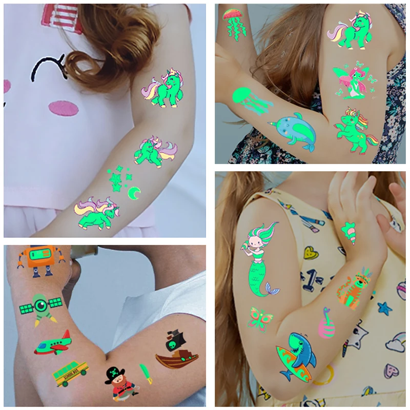 Tatouage lumineux 4 10 pièces/ensemble tatouages temporaires sirène Licorne enfants autocollants pour enfants Pokemon tatouage tatouage tatouage pour enfants licorne