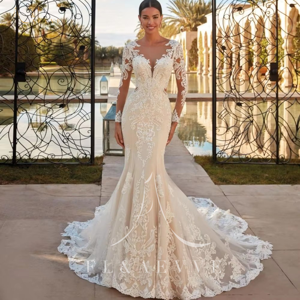 FL&AEVVE Maßgeschneidertes Boho-Hochzeitskleid im Meerjungfrau-Stil, klassische Spitzenapplikationen, lange Ärmel, elegantes Brautkleid, Hochzeits-Partykleid
