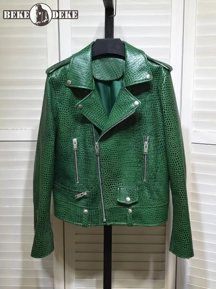 Mode Frauen Grün Krokodil Gemusterte Motorrad Echt Leder Jacke Reißverschlüsse Punk Stil Slim Fit Echtes Leder Jacke Mantel