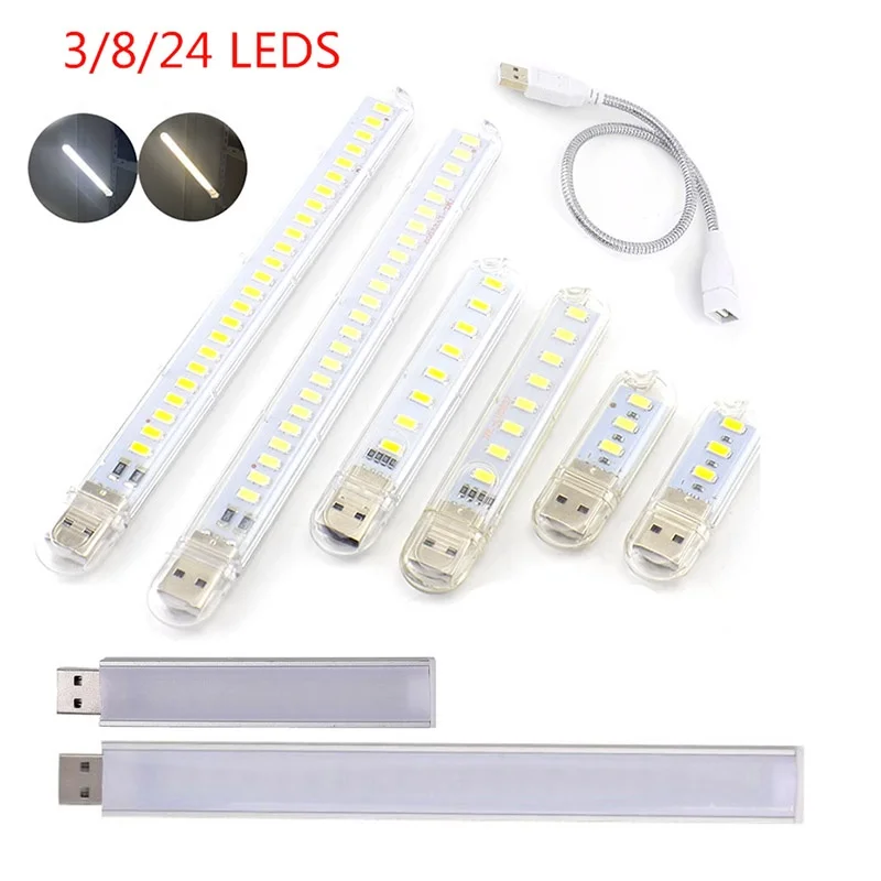 1 unidad portátil Mini 3/8/10/20/24 LED 5V USB DC lámpara blanca cálida lectura de libros luz nocturna iluminación para iluminación de ordenador