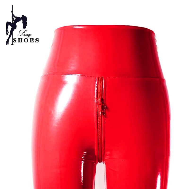 Red Lift Butt Slim PU cuero mujeres Vintage cintura elástica medias pantalones cremalleras dobles parte inferior club nocturno Leggings de alta elasticidad