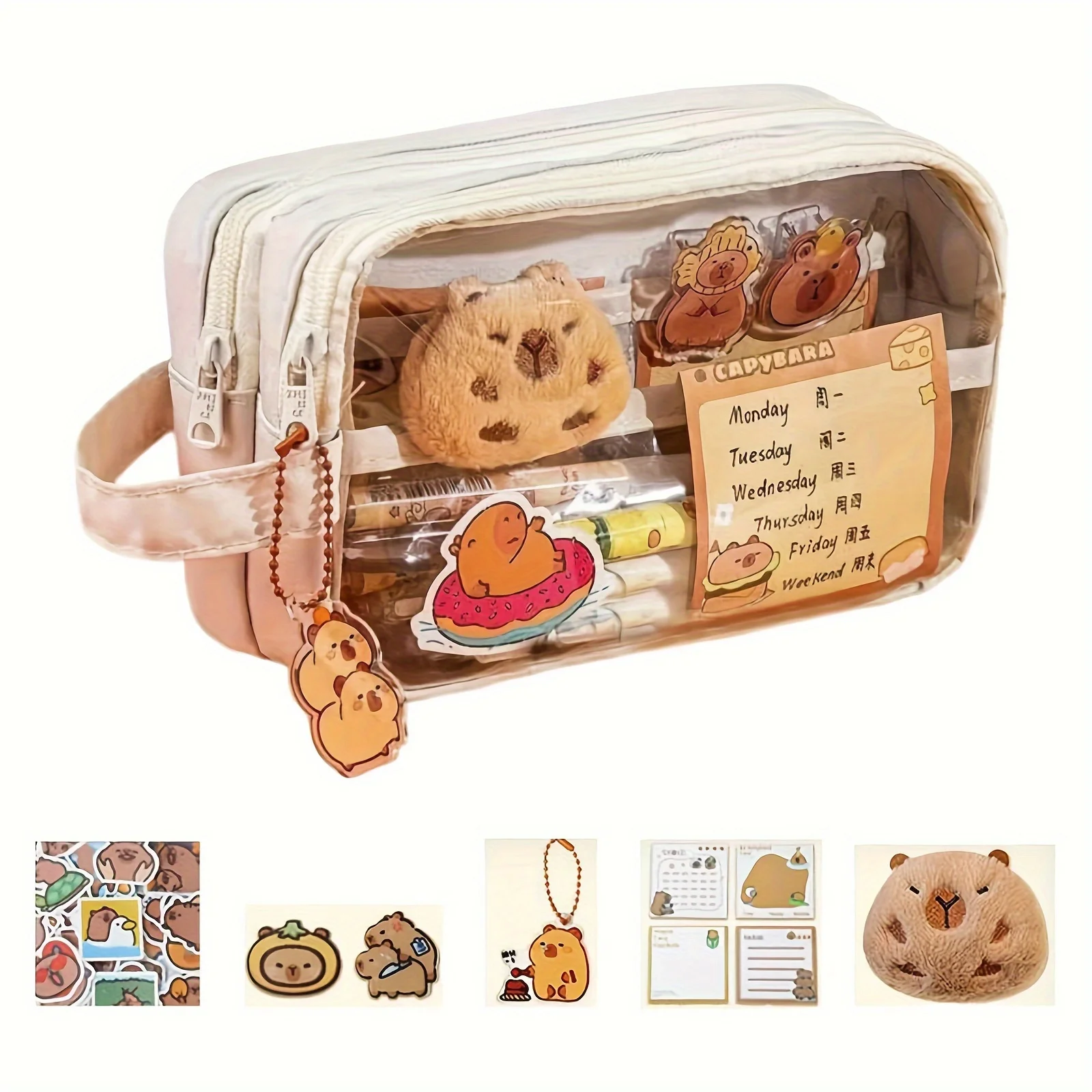 Simpatico astuccio Capibara con serratura - Astuccio estetico in tela Kawaii, organizer trasparente per materiale scolastico con scomparti, include
