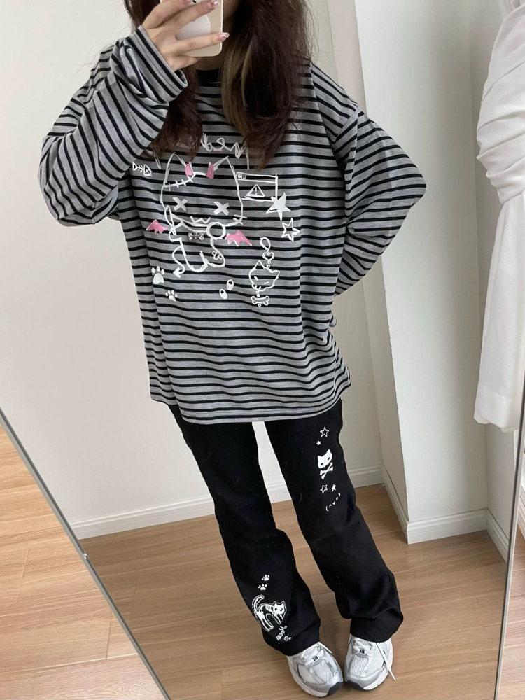 Deeptown Y2k 原宿ストリートハイウエストワイドレッグパンツ女性日本かわいいグランジ漫画プリントズボンソフト Gilr 2024