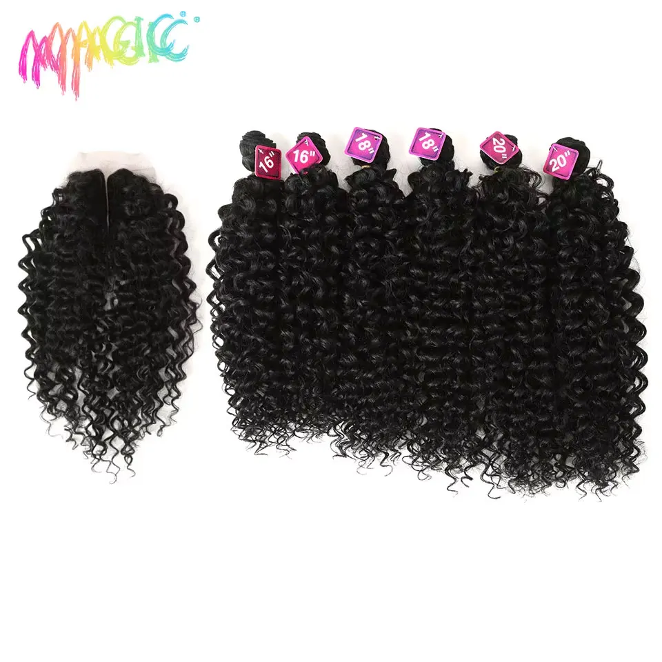 Magie Synthetische Afro Verworrene Lockige Haarwebart Haar 16-20 zoll 7 Teile/los Bundles Mit Verschluss Afrikanische spitze Für Frauen haar Extens
