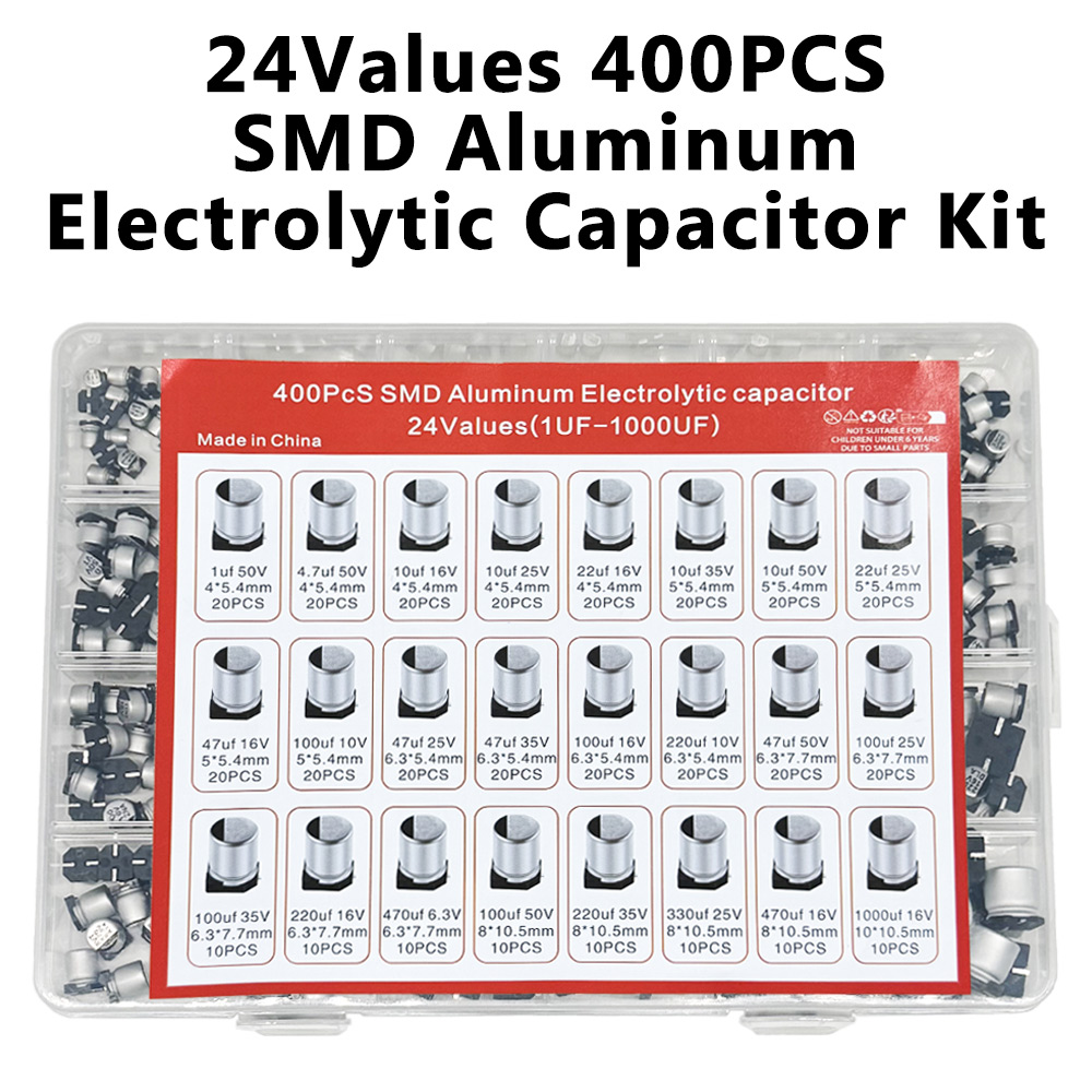 Ассортиментный комплект алюминиевых электролитических конденсаторов SMD, 400 шт., 24 значения SMD, 1 мкФ ~ 1000 мкФ 6,3 В-50 В, 24 значения с коробкой