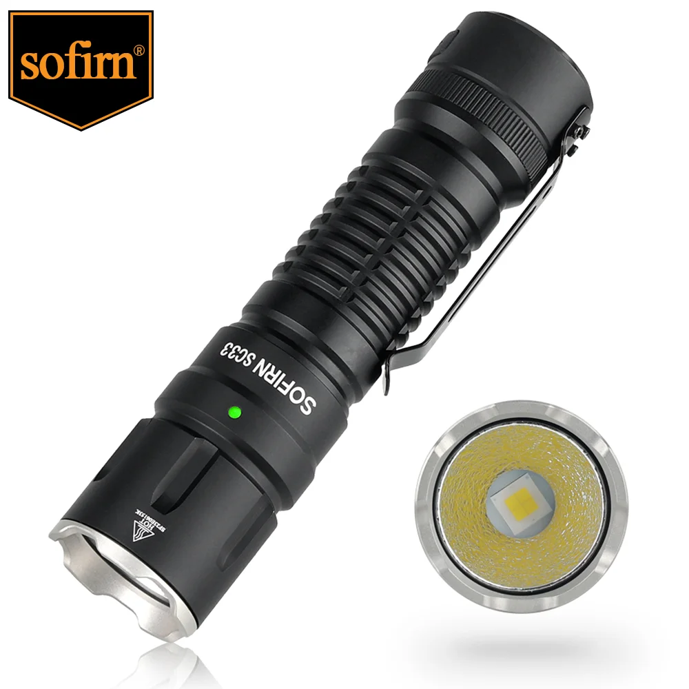 Sofirn SC33 Latarka LED 5200 lumenów XHP70.3 HI Latarka taktyczna Wydajna latarka USB C z możliwością ładowania 21700 lm i przełącznikiem tylnym E, wydajna latarka myśliwska, policyjna i do obrony osobistej