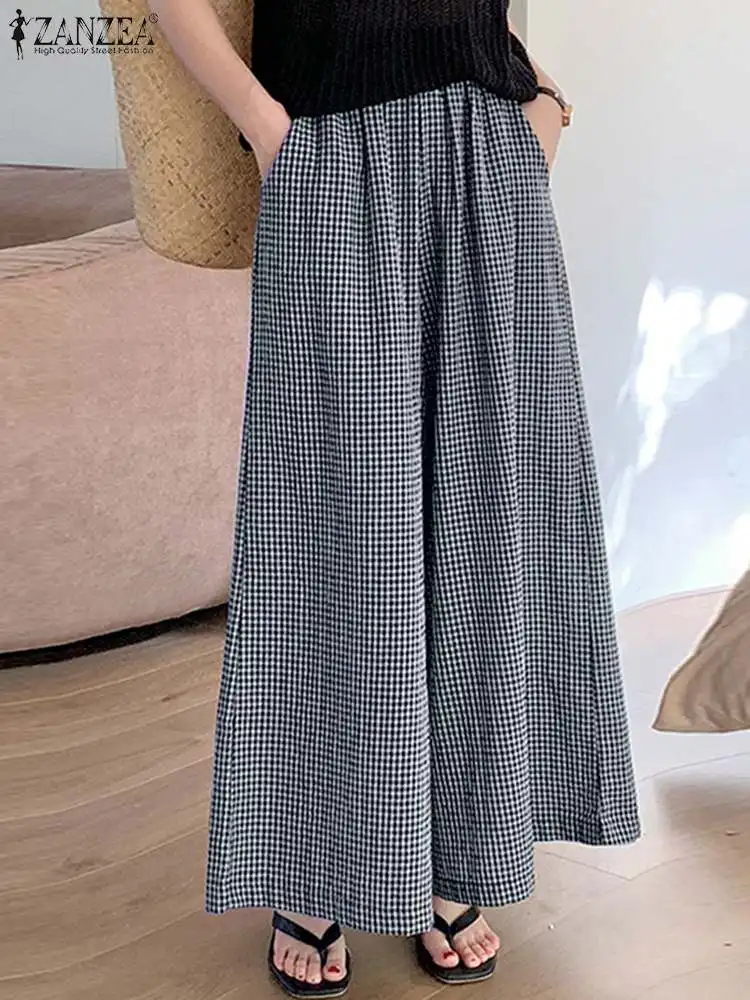 Vintage Karierte Hose ZANZEA Damen Stilvolle Hose mit weitem Bein Elegante Bürohose mit hoher Taille Lässige lockere Gitter-Pantalon-Übergröße
