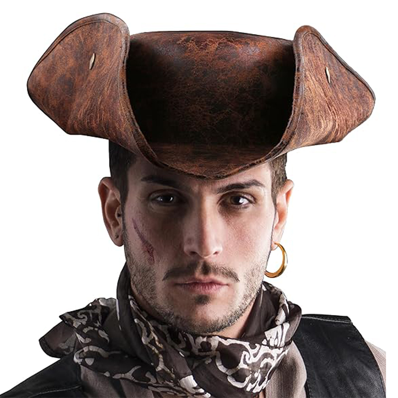 Chapéu pirata de couro sintético – imitação marrom de tricornio estilo colonial antigo, para festa de feriado, cosplay, dia das bruxas