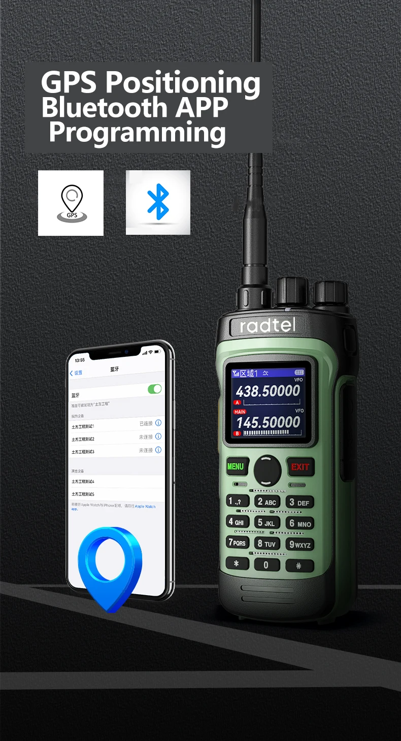 Radtel RT-330 gps bluetooth app programmierung ham walkie talkie10w power full band 136-520mhz tx rx air band empfangen noaa usb c