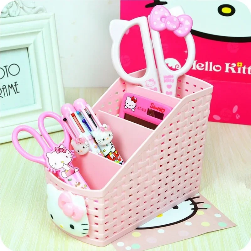 Hello Kitty Desktop Storage กล่องเครื่องสำอางค์แต่งหน้าเครื่องประดับตะกร้ากล่องสำนักงานอะนิเมะผู้ถือของขวัญ