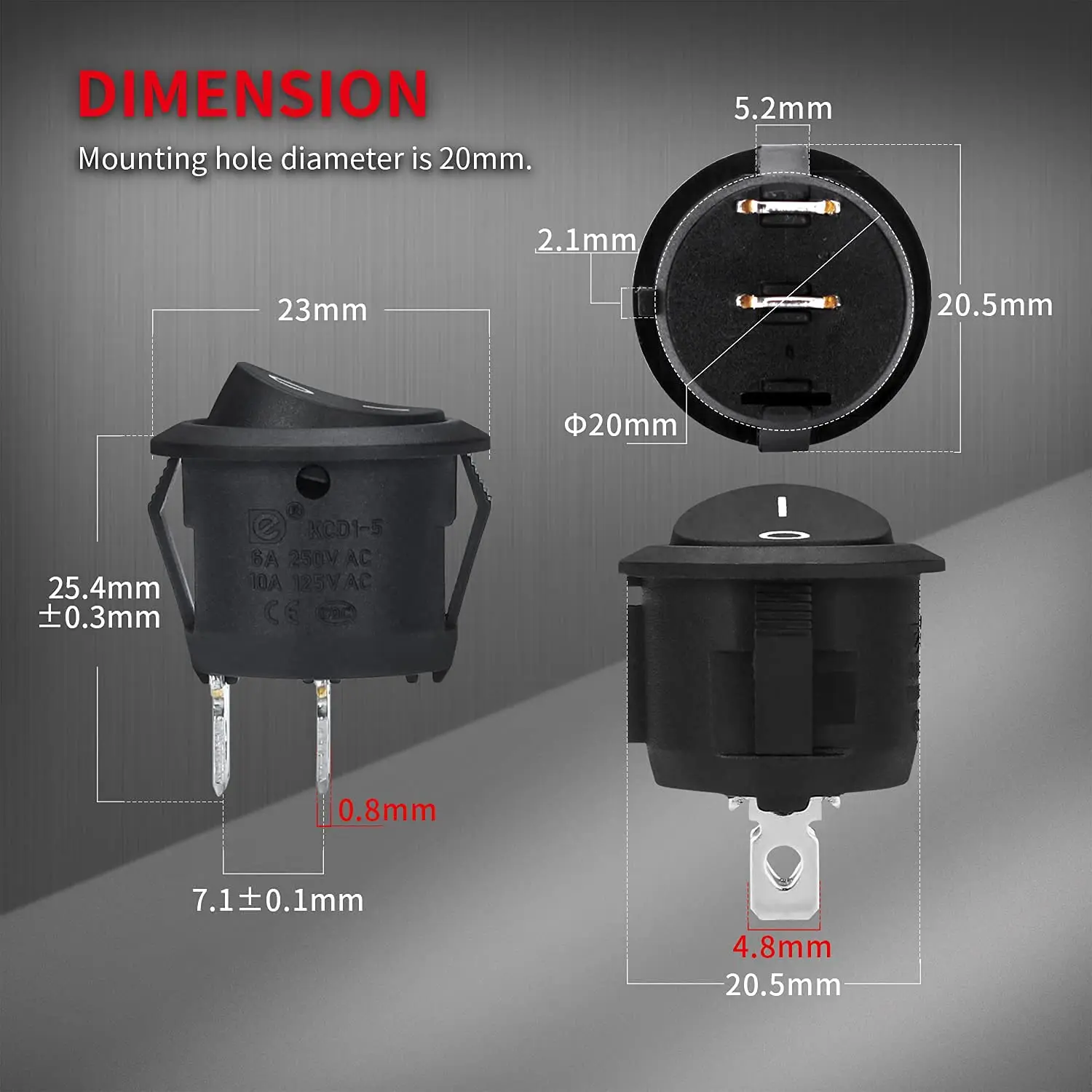 DaierTek 5 uds interruptores basculantes redondos ON Off SPST 20mm Mini 12 voltios CC Mini interruptor de palanca circular 12V para coche automotriz RV 2 pines