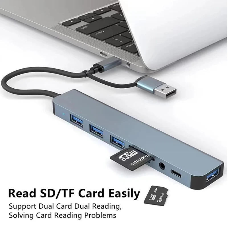 USB C Hub USB Splitter Extensor USB 8 en 1 con 4 puertos USB 1 puerto USBC Lector de tarjetas TF/SD Salida de audio Compatible con MacBook