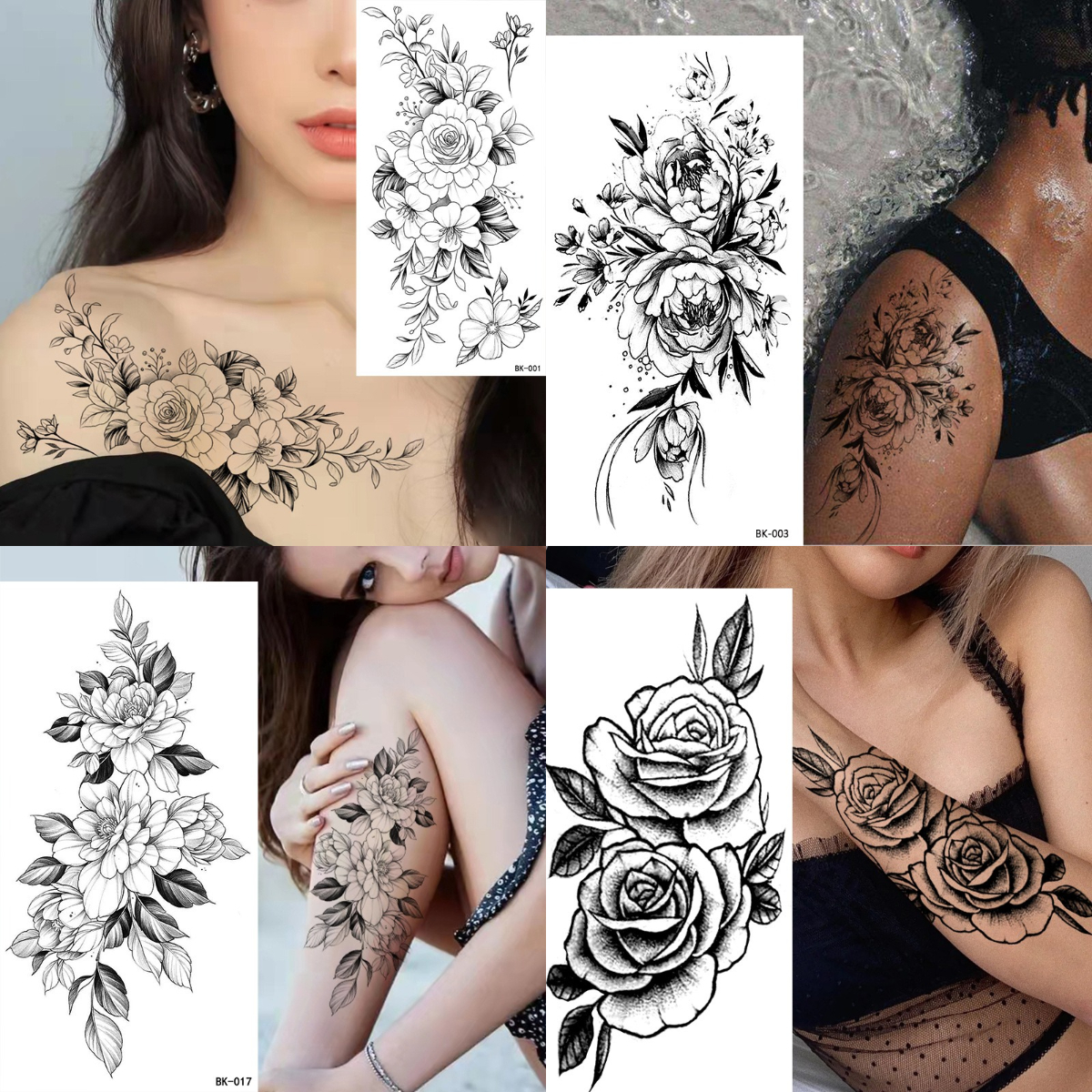 Tatuagem temporária à prova dwaterproof água adesivo flores rosas lírios peônias padrões geométricos arte corporal braço tatuagens falsas manga mulheres homens