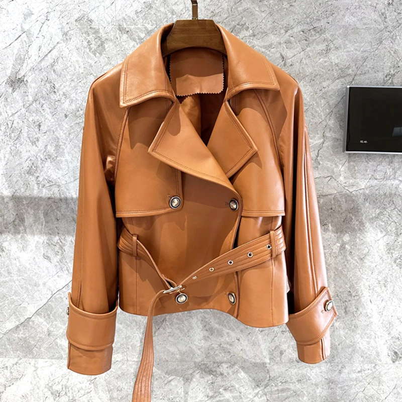 100% echte Leder Damen kurze Lammfell Jacke Mäntel Mode zweireihige Schnür gürtel weibliche importierte Schaffell Mäntel