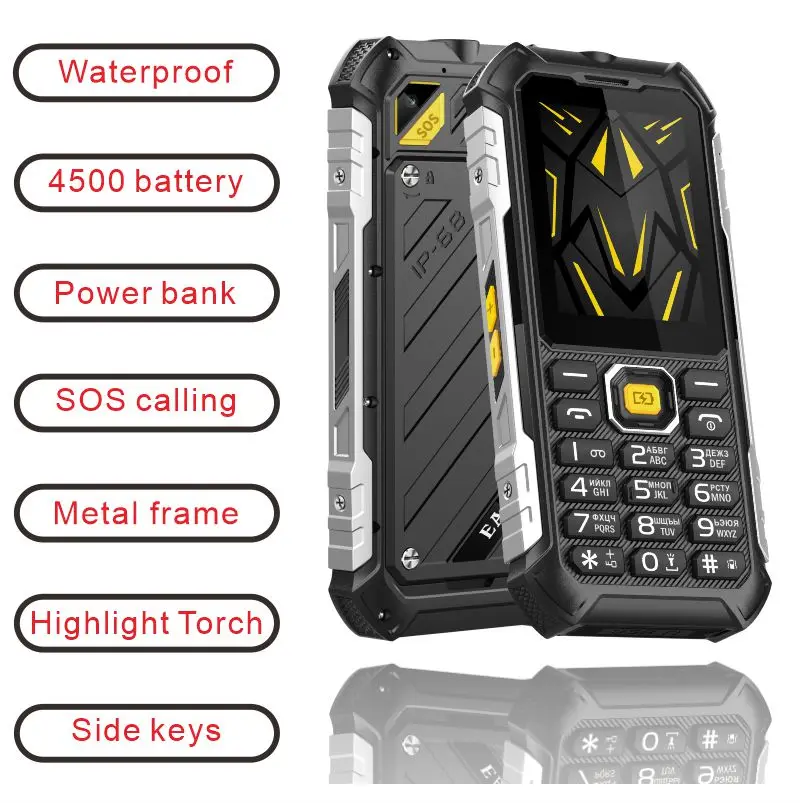 EAOR 2G с функцией клавиатуры, водонепроницаемая, IP68, 4500 мАч, внешний аккумулятор, высокая яркость, боковая клавиша с фонариком и громкостью, SOS, телефон с одним щелчком