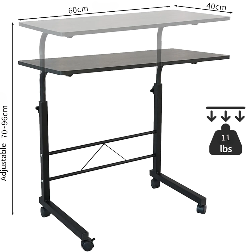 Black Pipe Rack Computer Desk, Side Table Mobile Standing, Adjustable Height & Movable, 60cm Particleboard with Triamine, Modern
