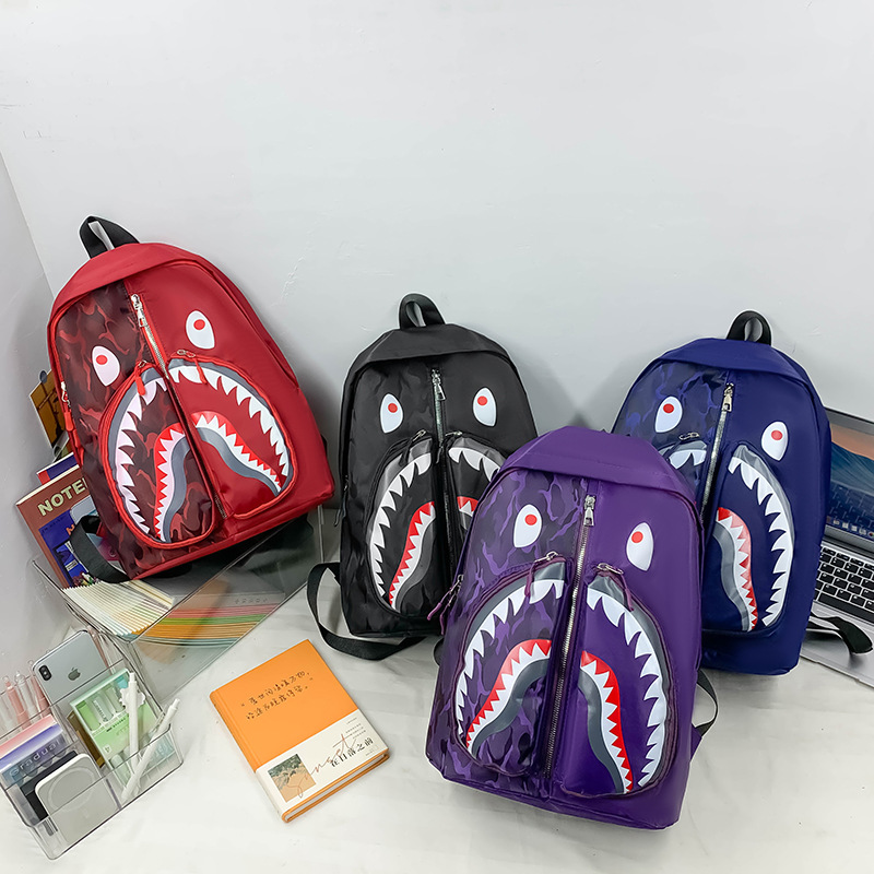 学生のための防水スクールバックパック,漫画のサメのプリントが施されたトラベルバッグ,パンクスタイル,2024