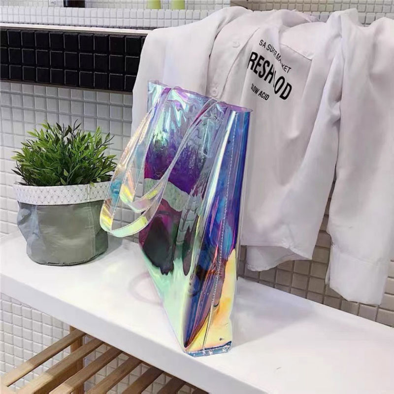 ใหม่ PVC ขนาดใหญ่ความจุโปร่งใสกระเป๋าเลเซอร์นักเรียนเดี่ยวไหล่ Jelly Bag ว่ายน้ํากลางแจ้งฟิตเนสช้อปปิ้งกระเป๋าแบบพกพา