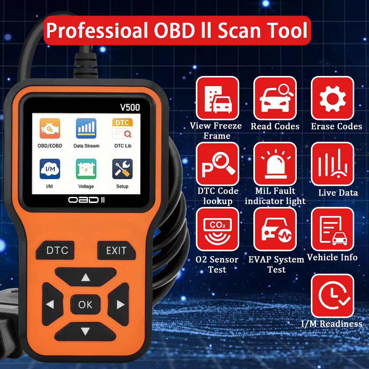 รถOBD2 เครื่องสแกนเนอร์เครื่องมือวินิจฉัยรหัสReader,เครื่องทดสอบแรงดันไฟฟ้าเครื่องยนต์Fault Code Scanner,ชาร์จเครื่องทดสอบเครื่องมือวินิจฉัยV500