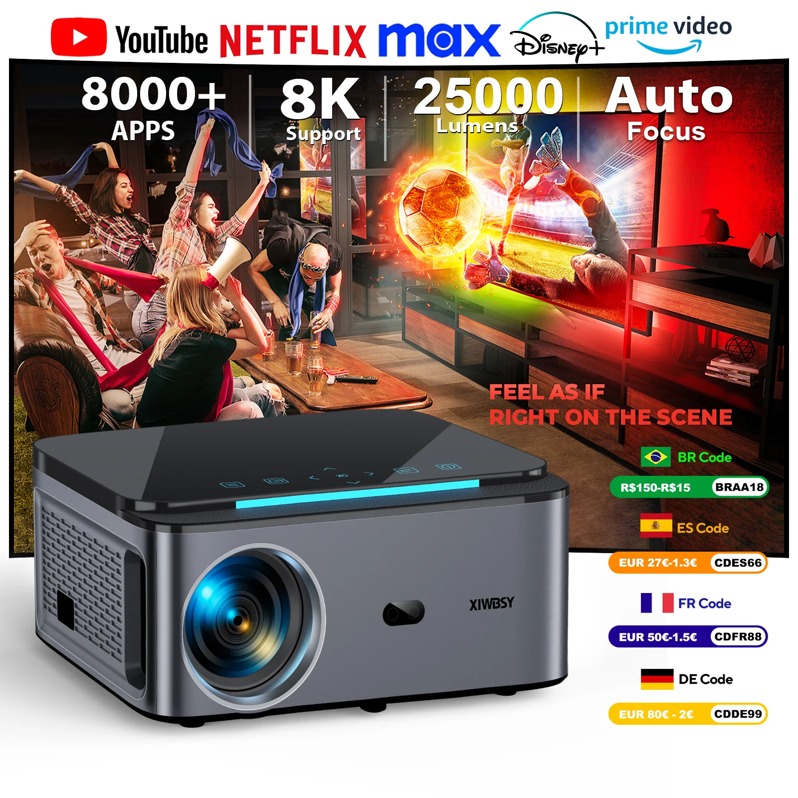 XIWBSY 25000 Lumen Android 4K Projektor 1080P Native WiFi6 Autofokus/Keystone Projektor Büro Heimkino Beamer Projektor