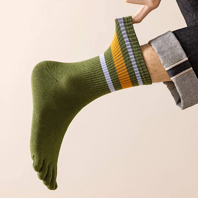 Calcetines de cinco dedos para hombre, calcetín medio informal cómodo de algodón antiolor con cinco dedos de corte bajo a rayas, calcetines deportivos de alta calidad