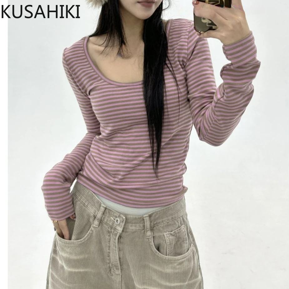 KUSAHIKI-Camiseta Sexy de rayas Retro coreana, versátil, ajustada, de manga larga, con cuello redondo, Base, Top corto picante para chica Y2k, novedad de 2024