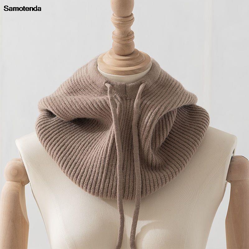 2023 Unisex Gebreide Hoofdkap Faux Kasjmier Capuchon Kraag Cap Hoofd Trekkoord Dikke Beanie Mannen Vrouwen Verstelbare Elastische Hoed