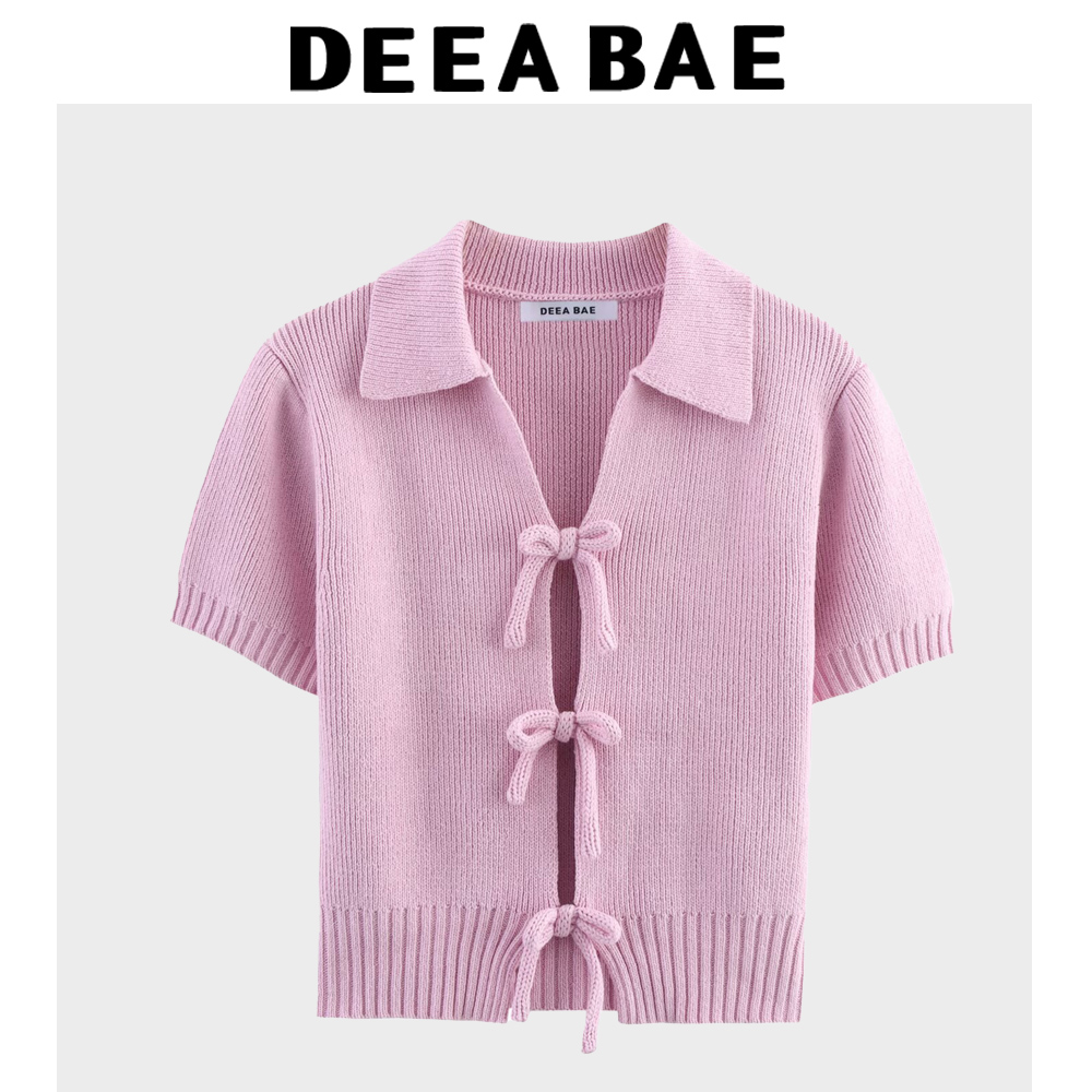 DEEABAE Feminino Coreano Estilo Casual Doce e Puro Desejo Arco Decoração Malha Manga Curta Lapela Top