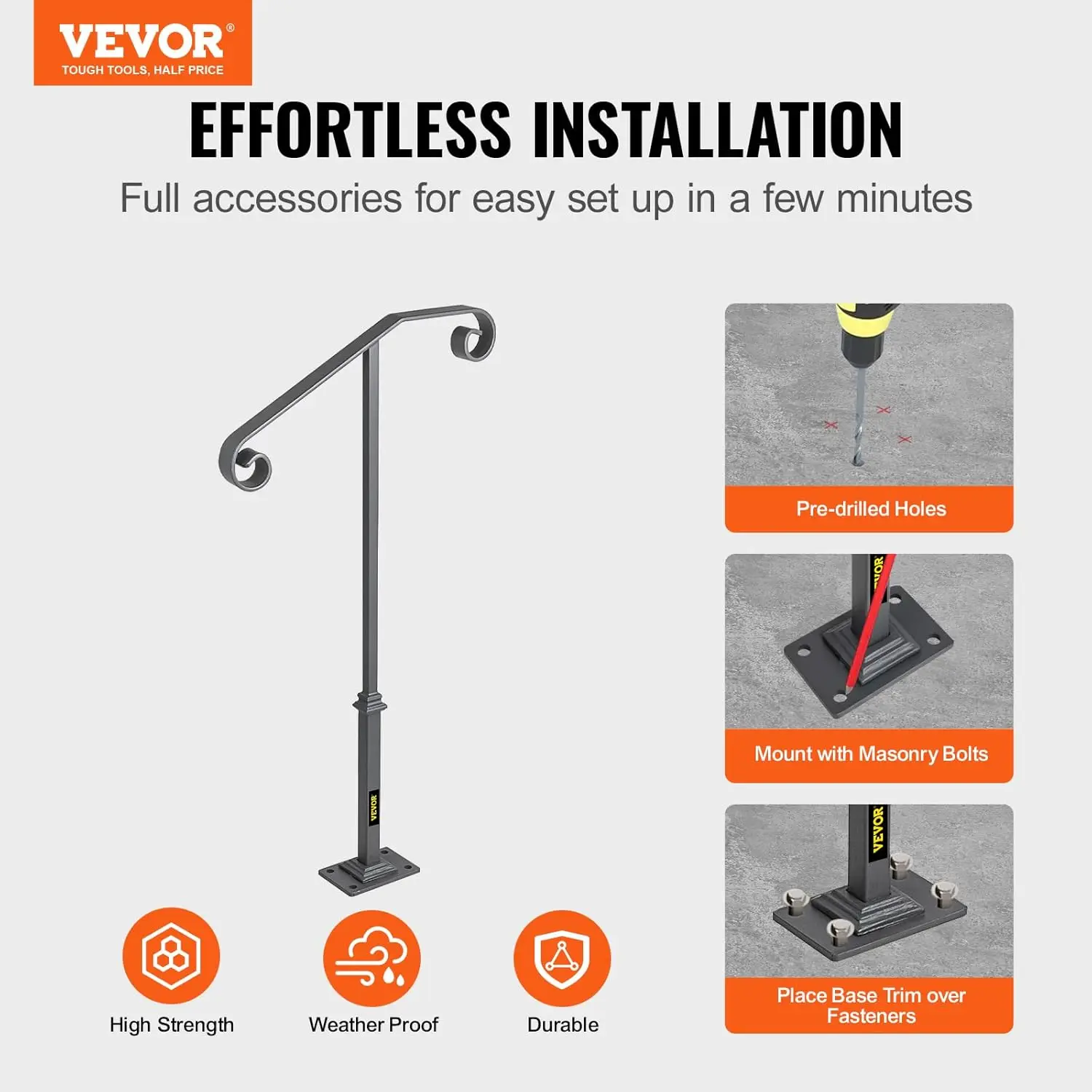 Handrails for Outdoor Steps, Fit 1 or 2 Steps Outdoor Stair Railing, Single Post Wrought Iron Handrail