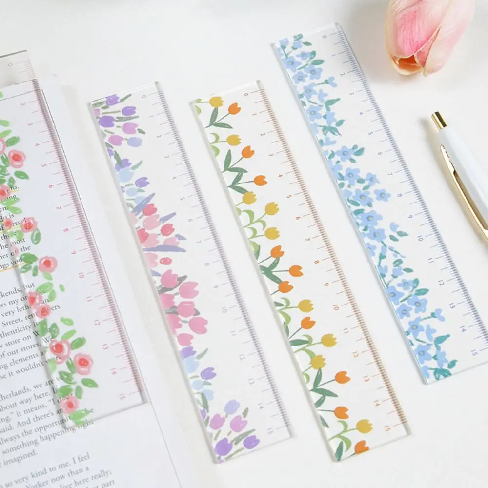 Creative Multifunction 15cm Straight Ruler Transparent Acrylic DIY Drawing Tools Tulip Double-duty Dividing Ruler Student
