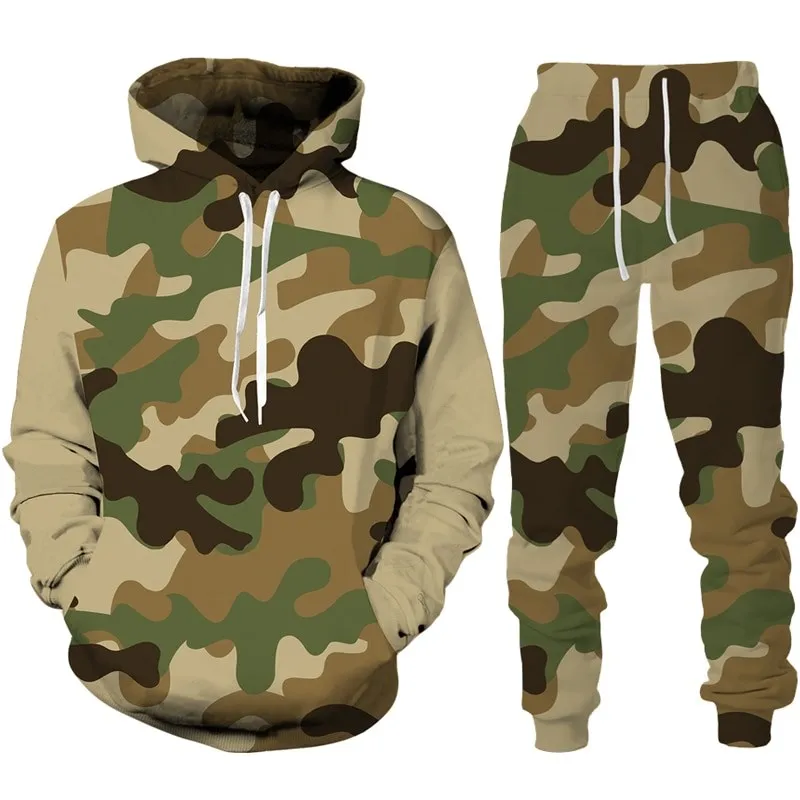 Outono camuflagem 3d impresso moletom com capuz terno masculino moletom moletom casual moda duas peças conjunto de treino roupas masculinas