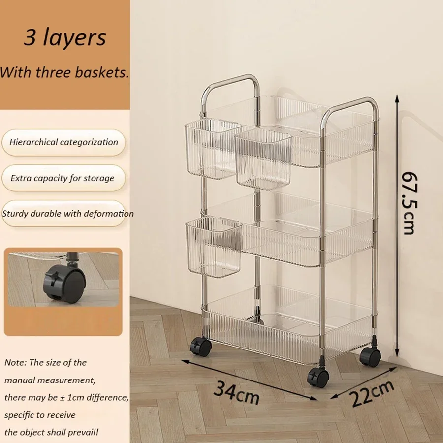 2/3/4 ชั้นหรูหรา Storage Rack รถเข็นอะคริลิคใส Rolling Cart ที่ถอดออกได้แขวนตะกร้าขนมชั้นวางหนังสือ