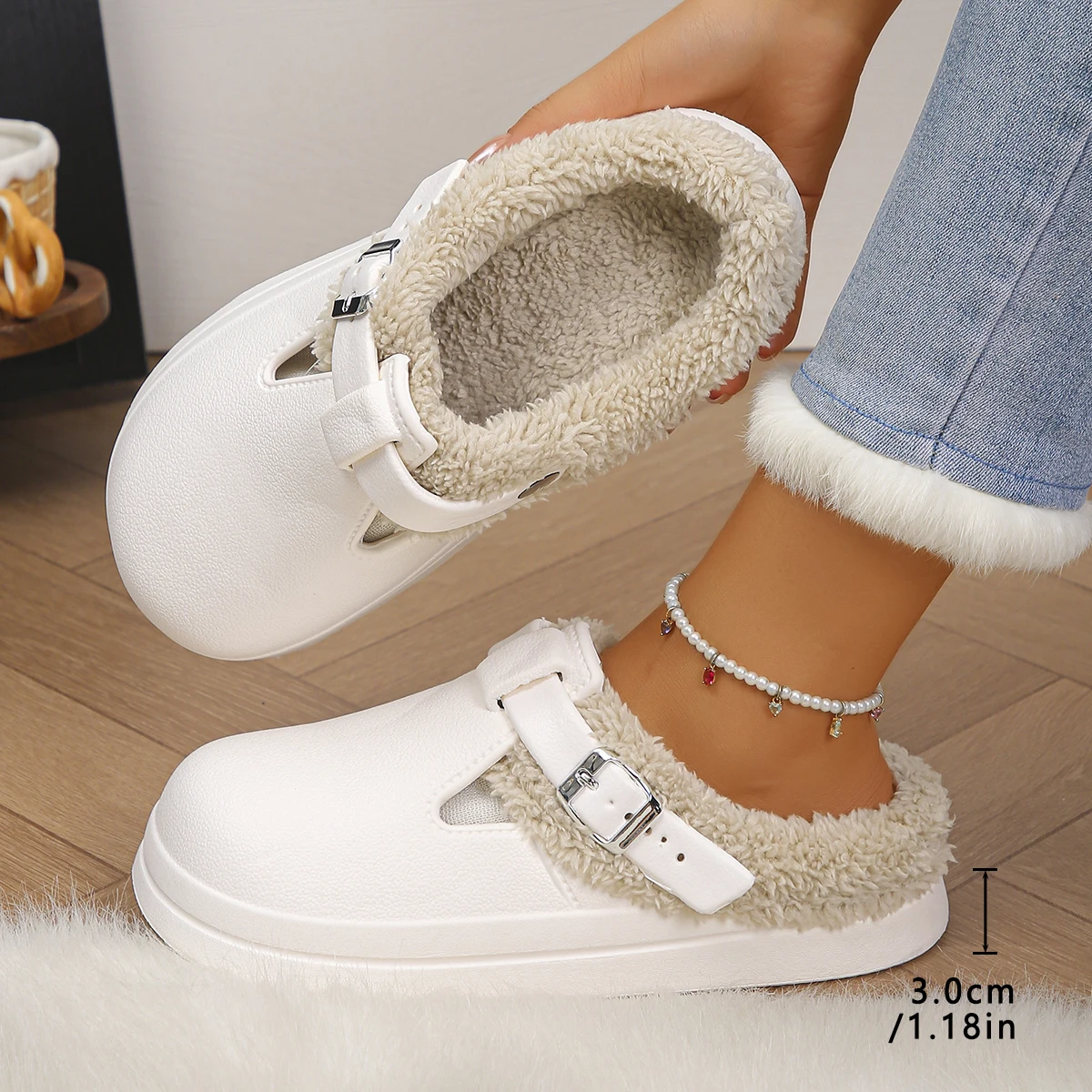 Wasserdichte Eva Furry Mules Hausschuhe Damen 2025, Winter, Metallschnalle, warme Plüsch-Hausschuhe, weicher, dicker Boden, rutschfeste Innenrutschen